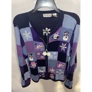 B. P. Design Women’s Snowman Full Zip Cardigan Sz Large Blue Black Cozy Comfort